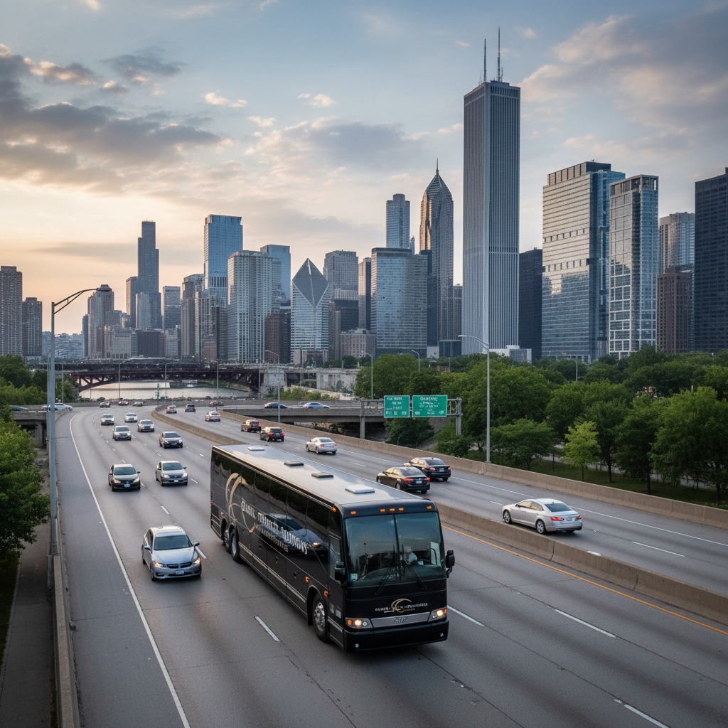 A black charter bus travels on a multi-lane highway with the Chicago skyline visible in the background during sunset.