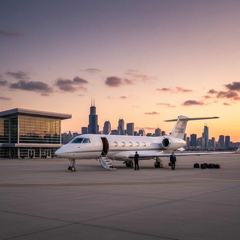 A private jet sits on an airport tarmac with two men in suits standing nearby against the backdrop of the Chicago skyline at sunset.